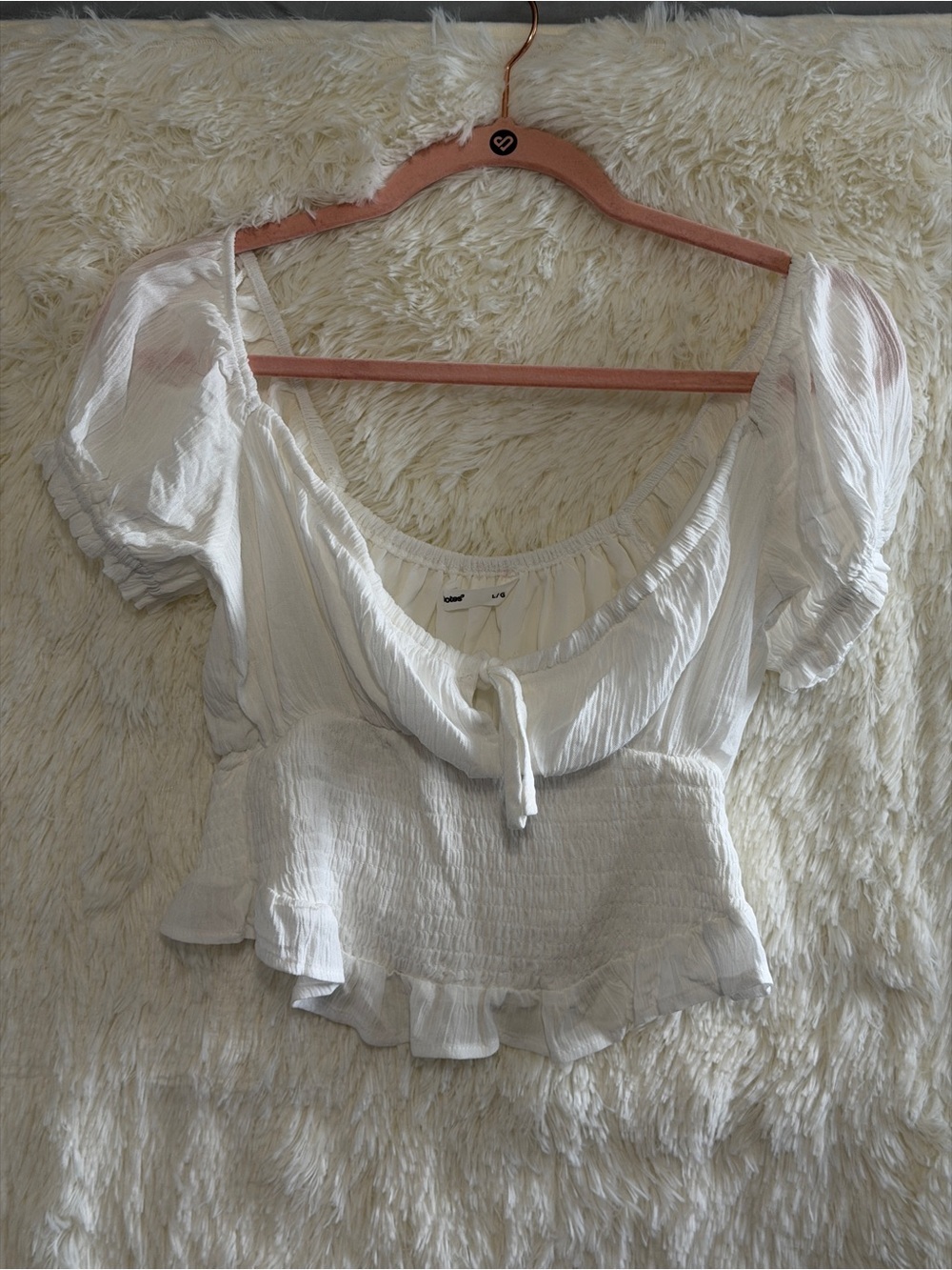 Bluenotes Womens Boho Peasant Puff Sleeve Peplum Crop Top Size L White Smocked